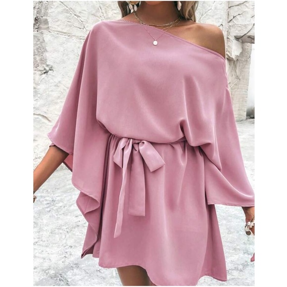 013 One Shoulder Kimono Sleeve Belted oversized Dress - Picture 3 of 5